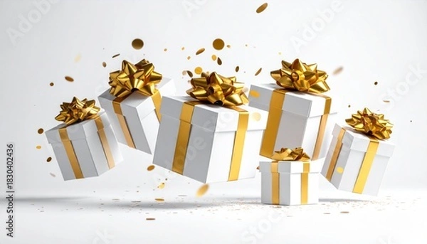 Fototapeta Six white gift boxes with golden ribbons float mid-air surrounded by golden confetti on a plain white background—evoking celebration and festive elegance.