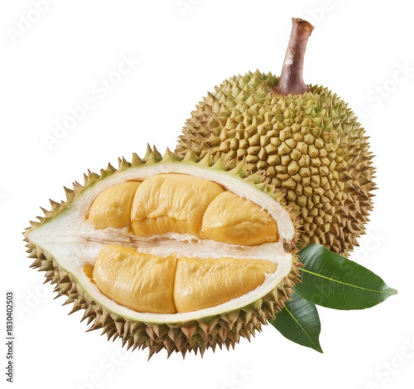 Fototapeta durian fruit, cut open, isolated on white background.