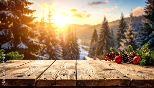 Fototapeta A festive Christmas tree adorned with red, gold, and green ornaments stands amid falling snow and warm blurred lights—evoking traditional holiday charm and seasonal celebration.
