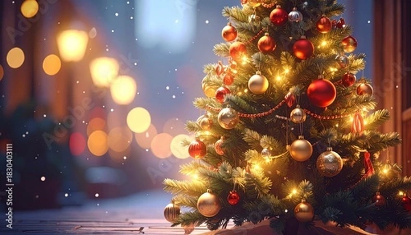 Fototapeta A beautifully decorated indoor Christmas tree with glowing lights, red and gold ornaments, and garlands stands near a window with falling snow—evoking festive warmth and holiday celebration.