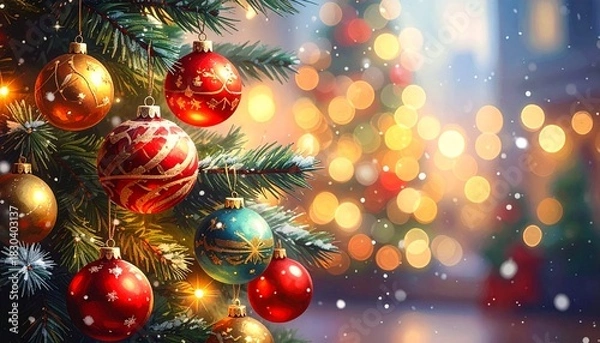 Fototapeta A festive Christmas tree adorned with red, gold, and green ornaments stands amid falling snow and warm blurred lights—evoking traditional holiday charm and seasonal celebration.
