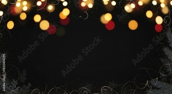 Obraz Christmas lights frame on a black background with snowflakes and pine branches.