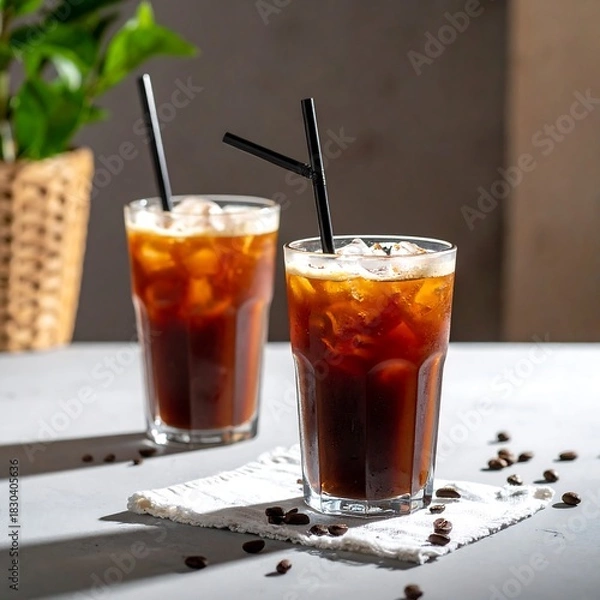 Fototapeta Two tall iced coffee beverages with straws and ice cubes