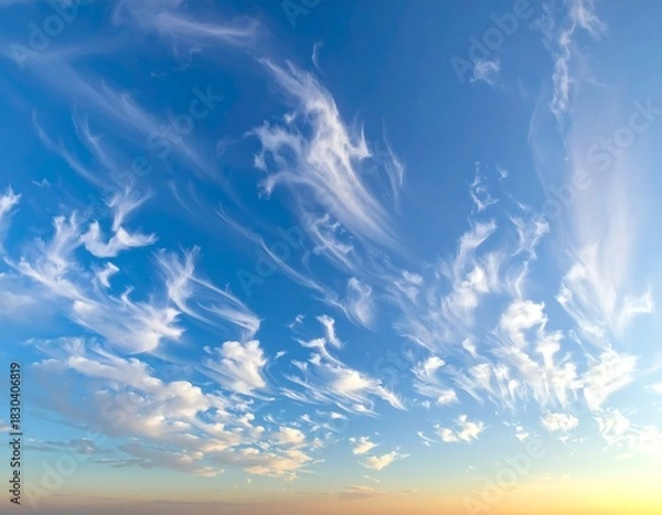 Fototapeta Vast blue sky filled with wispy cirrus clouds and sunrise colors