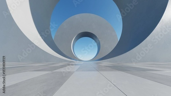 Fototapeta Abstract curved architecture background, Empty exterior space with concrete floor, Futuristic modern building for car presentation backdrop, 3d rendering