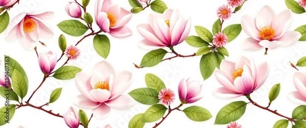 Fototapeta Elegant magnolia blossom pattern, repeating floral design on a white background, pink, pattern
