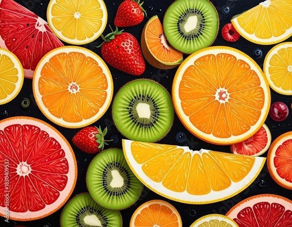 Fototapeta Sliced fruits! Citrus, kiwi, berries against black