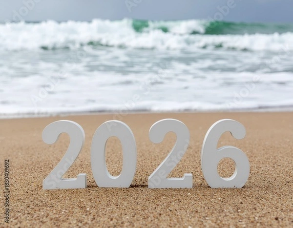 Fototapeta 2026 year numbers on beach with ocean backdrop