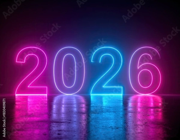 Fototapeta Glowing neon '2026' year displayed with shiny reflection