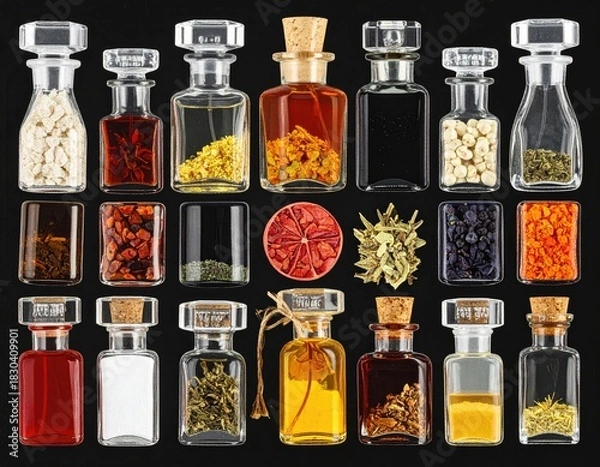 Fototapeta Alchemic array bottles hold colorful natural ingredients