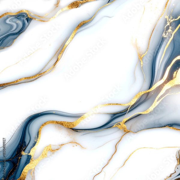 Fototapeta Luxury White Marble Texture Background with Deep Blue Swirls and Gold Veins. Abstract Fluid Art Design for Wedding Invitations, Wallpapers, and Elegant Packaging Templates.