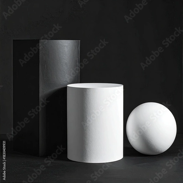 Fototapeta Simple geometric objects on dark surface in studio