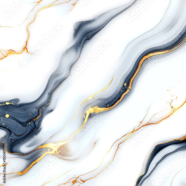 Fototapeta Luxury White Marble Texture Background with Dark Blue Swirls and Gold Veins. Abstract Fluid Art Background. Elegant Alcohol Ink Design for Wedding Invitations, Packaging, and Modern Wallpapers.