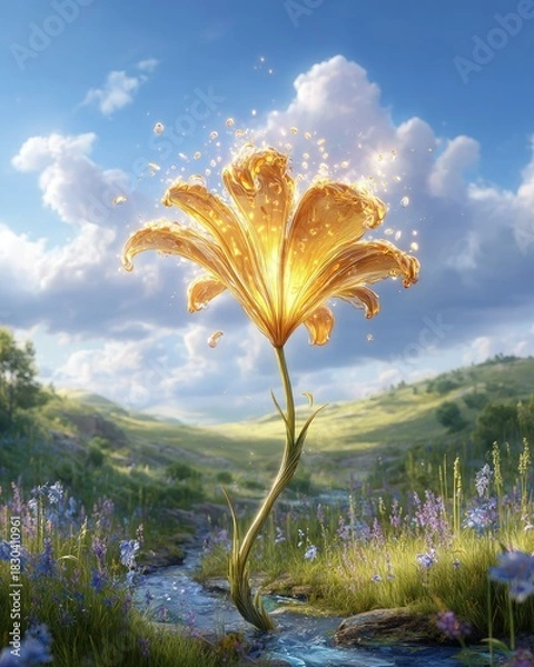 Fototapeta Golden Lily Flower In A Stream Landscape