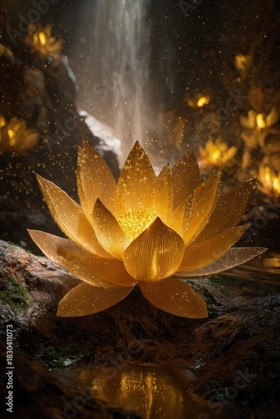 Fototapeta Glowing Golden Lotus Lantern By Waterfall
