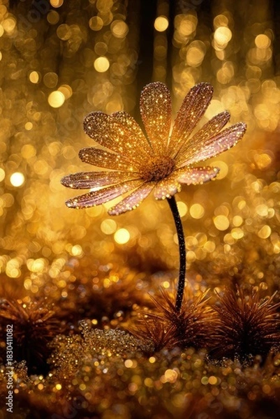 Fototapeta Golden Flower With Dewdrops In Bokeh Background
