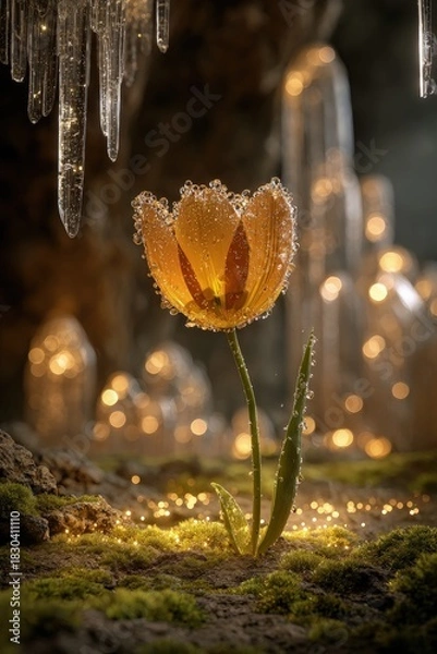 Fototapeta Glowing Orange Tulip In Ice Cave
