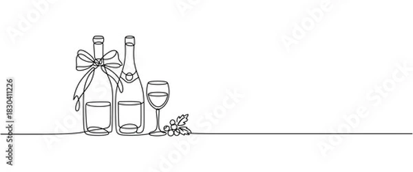 Obraz Continuous line art of two champagne bottles and a wine glass with a festive bow and berries