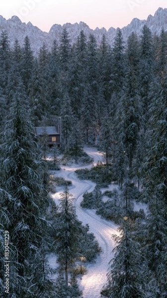 Fototapeta Snowy Forest Path With Cabin