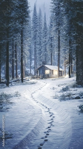 Fototapeta Snowy Forest Path Leads To Cozy Cabin In Winter Night