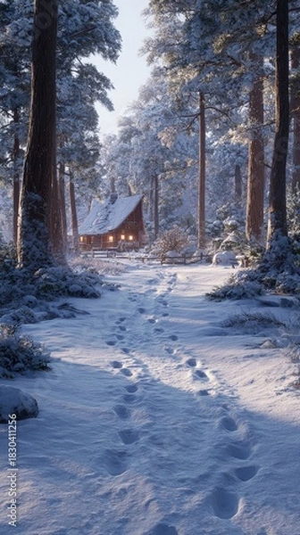 Fototapeta Snowy Forest Path Leading To Cozy Cabin