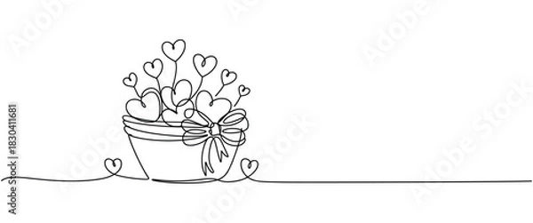 Obraz Single Line Art of a Pot Filled with Heart- Shaped Balloons and a Bow planter container