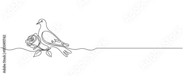 Obraz Single Line Drawing of a Dove Perched on a Rose with Leaves bird flower