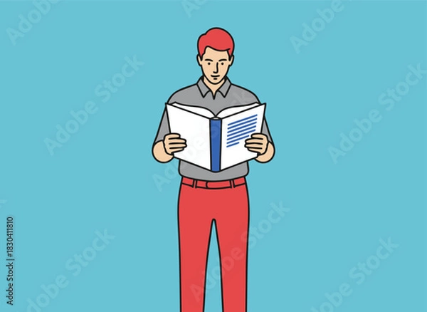 Fototapeta Man focused on book, studying, education, knowledge concept art