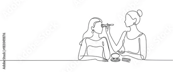 Obraz Two Women Applying Makeup with Brush and Compact Line Art makeup brush