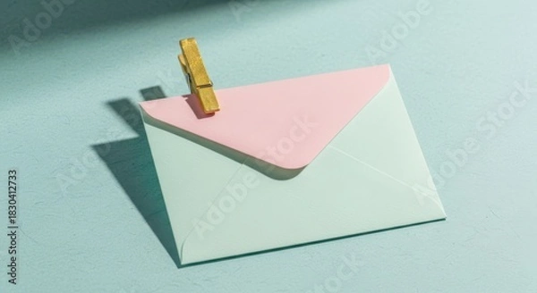 Fototapeta A golden pen attaches a pink note to a stack of light blue paper sheets