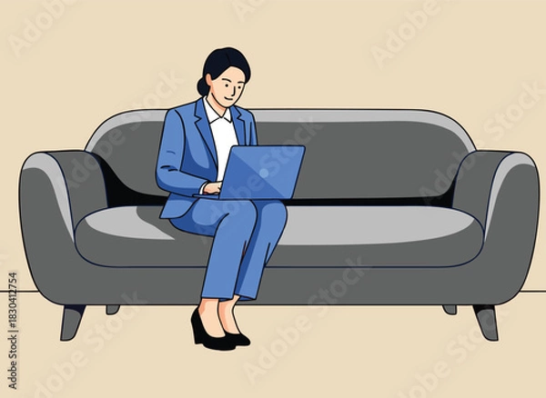 Fototapeta Businesswoman working on laptop while sitting on sofa at home