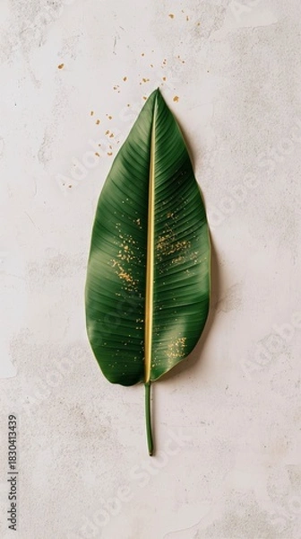 Fototapeta Large green tropical leaf with golden specks on a textured light background, showcasing natural beauty and organic design elements for creative projects and decor