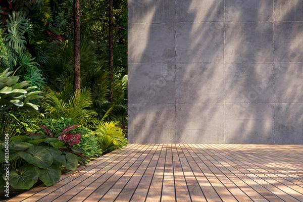 Obraz 3D render of a serene outdoor space with wooden deck, concrete panel wall, and lush tropical vegetation, blending industrial design with natural tranquility.