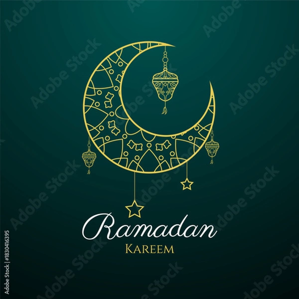Obraz ramadan kareem with Crescent moon, lanterns and stars.