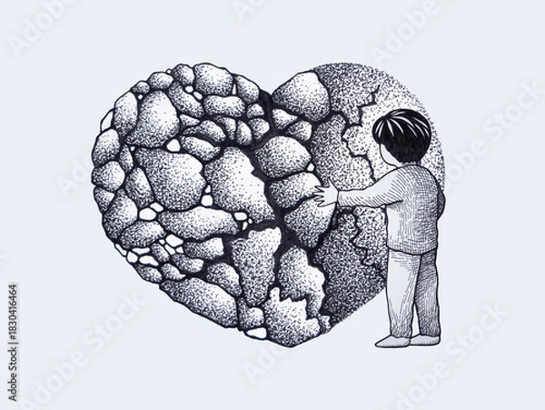 Obraz boy hug broken heart break sad depressed love pain emotion feeling mind mental health spiritual heal art design illustration hand drawing black white isolated background sketch icon logo sign symbol