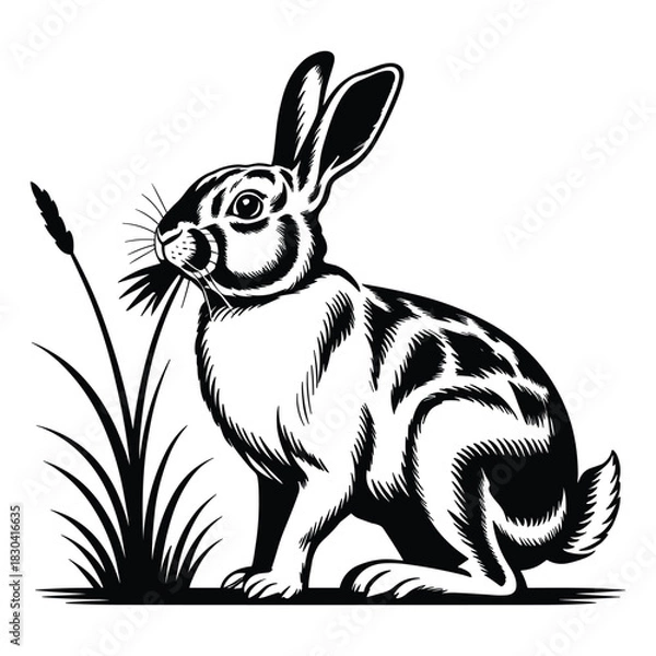 Fototapeta Detailed black and white woodcut illustration of a wild rabbit with long ears eating grass in a field with a white background