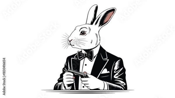 Fototapeta Whimsical anthropomorphic rabbit character dressed in a formal tuxedo holding a playing card in its paw with a vintage illustration style