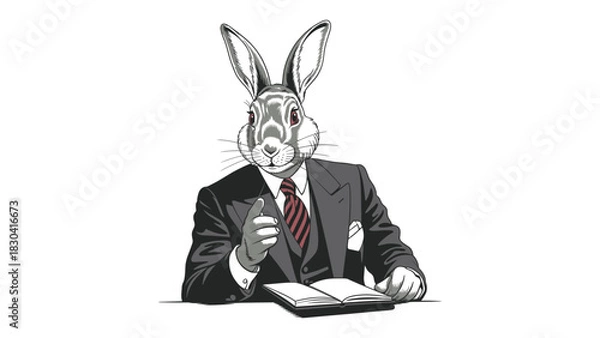 Fototapeta Surreal anthropomorphic rabbit wearing a formal business suit and tie sitting at a desk with an open book illustrating abstract concepts