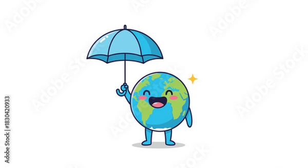 Fototapeta A happy cartoon Earth character holds a blue umbrella, portraying environmental protection and care for the planet with a cheerful expression.