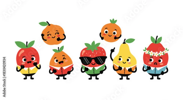 Fototapeta A group of cheerful and expressive cartoon fruit characters, including apples, oranges, strawberries, and pears, some wearing clothes and accessories.