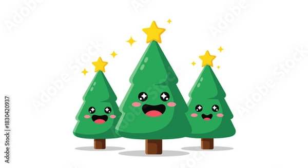 Fototapeta Cute trio of festive cartoon Christmas trees, each topped with a sparkling star and featuring an adorable, cheerful face.