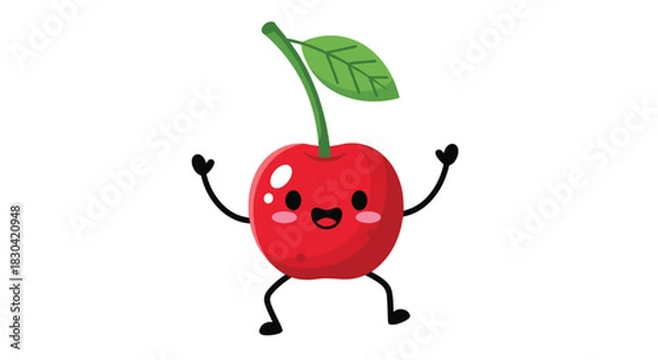 Fototapeta A cheerful, adorable cartoon cherry with a big smile and rosy cheeks, celebrating joyfully with its arms raised on a white background.