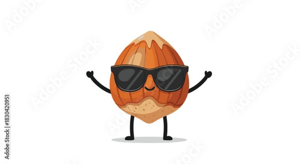 Fototapeta A cheerful and cool cartoon hazelnut character wearing stylish black sunglasses and posing with raised arms against a clean white background.