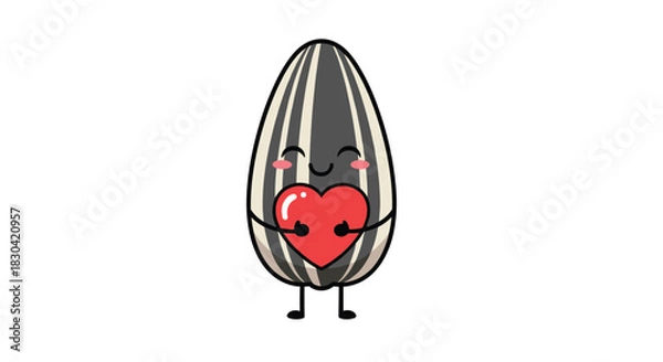 Fototapeta Cute animated sunflower seed character happily holding a red heart, expressing love and affection on a clean white background.