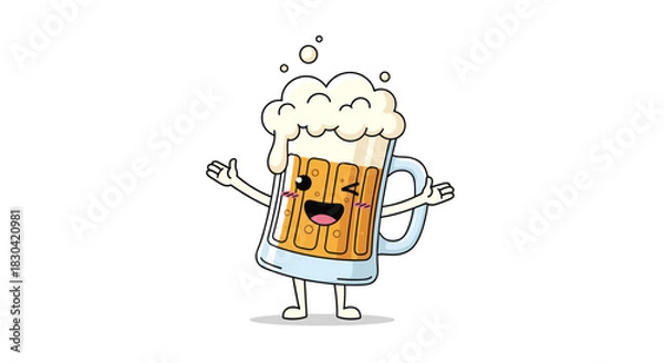 Fototapeta A cute, cheerful cartoon beer mug character with a foamy head, smiling face, and winking eye, joyfully posing on a white background.