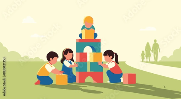 Obraz Four joyful children collaboratively build a colorful block tower outdoors, symbolizing teamwork, creativity, and early childhood development in a vibrant park.