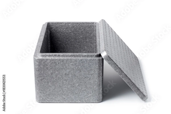 Obraz Empty gray styrofoam box with lid on white background