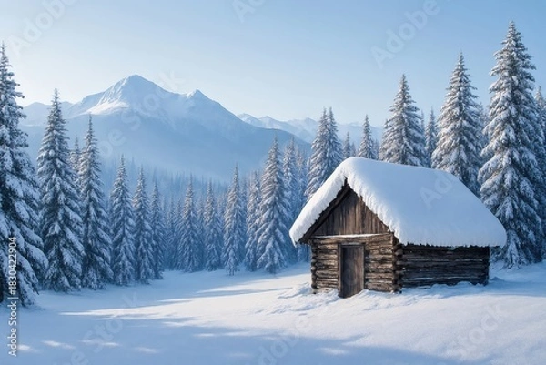 Fototapeta Rustic wooden cabin in snowy pine forest beneath clear blue sky with majestic mountain backdrop, serene winter landscape, cozy travel destination, nature photography, and holiday season background.