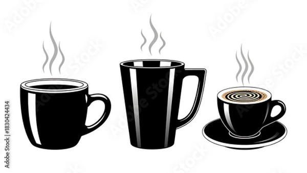 Fototapeta Three black coffee cups with steam isolated on transparent background