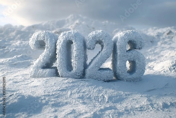 Fototapeta Snowy 2026 Text Covered in White Frost With Winter Atmosphere